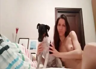 Brunette woman sucks dog's naughty penis in hot zoo sex scene