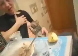 Busty lady enjoying a fun sex session while breastfeeding her cat